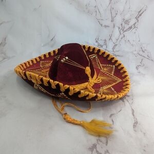 Vintage Pigalle Sombrero Mexican Hat Red Gold Sequin Velvet Yellow